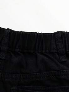 Young Boy Simple Black Wash Wide Leg Jeans, Versatile Casual Wear, Adjustable Elastic Waist Loose Fit Straight Leg Denim Pants - Black - View 9