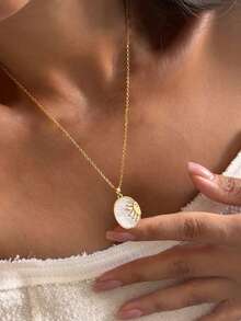 Nooxian 1 buah Kalung Perhiasan Emas Wanita, Kalung Liontin Matahari Cangkang Bertatahkan Tembaga, Aksesori Serbaguna untuk Pemakaian Sehari-hari - Yellow Gold - View 7