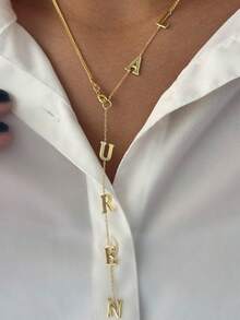 1 pieza Collar con placa con nombre personalizado, personalizable con 1-12 letras, collar con placa en forma de Y estándar, mejora el estilo personal, regalo de joyería, collar con placa bañada en oro - Cadena NK - Ver 3