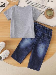 2pcs Baby Boy/Girl Casual Bear Graphic Print Short Sleeve T-Shirt And Denim Effect Print Pants Set, Comfortable & Lightweight For Summer - Grey - View 3
