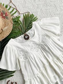 Rusttydustty Áo thun nữ cỡ lớn kiểu Bohemian, phối bèo nhún, khoét lỗ, phối nhiều mảnh vải, màu trắng, dáng rộng thoải mái, thích hợp mặc đi dự tiệc hoặc mặc hàng ngày. - trắng - Xem 5