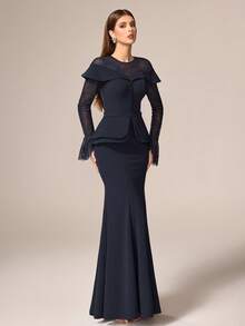 VIPGIRL Đầm maxi dáng đuôi cá sang trọng, thanh lịch dành cho nữ, được trang trí bằng ren tương phản và tay áo loe, hoàn hảo cho các dịp trang trọng, ngày Valentine, đám cưới, tiệc mùa xuân. - Màu xanh hải quân - Xem 8