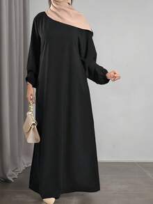 Elegant Arabic Style Woven Dress, Bishop Sleeves, Round Neck, Asymmetric Design Details - Black - View 5