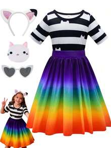 3-8 Years Old Girls Rainbow Costume Dress With Headband For Carnival, Easter Party, Birthday Celebration - Multicolor - View 1