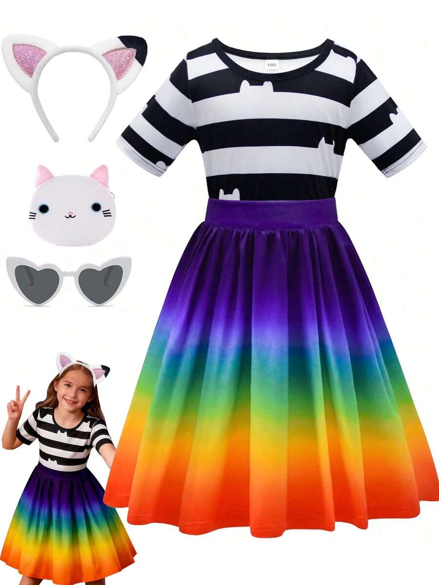 3-8 Years Old Girls Rainbow Costume Dress With Headband For Carnival, Easter Party, Birthday Celebration - Multicolor - View 1