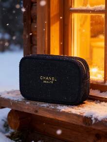 CHANEL Túi đựng mỹ phẩm bằng nỉ len màu xanh hải quân với logo vàng và khóa kéo hình hoa trà, túi đựng mỹ phẩm cao cấp. - Màu xanh hải quân - Xem 3