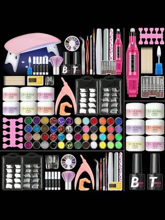 coscelia 37PCS Color Acrylic Nail Powder Set With Nail Lamp And Top Base Coat Nail Drill Machine Complete Starter Kit Manicure Tools All-In-One Nail Design For Women DIY Nail Kit 8G Clear White Pink Orange Nude Acrylic Powder Set With Nail Decoration Powders Nail Glue Nail Supplies DIY Acrylic Extension Or Acrylic Carving Nail Art Salon Set