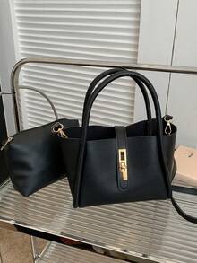 女士新款纯色PU时尚手提包多功能单肩包带小零钱包 - 黑色 - 查看 3