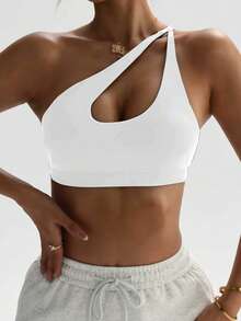 Women's Black Removable Padded Shoulder Knit Sports Bra - White - View 2