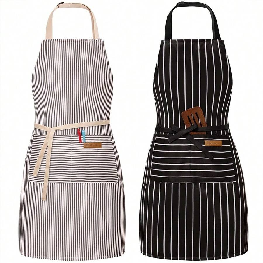2 Pack Adjustable Bib Apron With 2 Pockets Chef CooFKing Kitchen Restaurant Aprons For Women Men,Black/BrownStripes - Black/BrownStripes - View 1