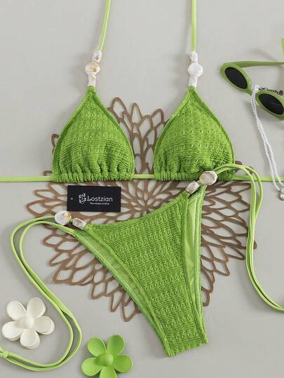 Women's Swimsuit, Women's Two Pieces Swimsuit Set, Solid Color Special Fabric, Lace Up Style With Stone Accessories, Suitable For Pool Parties, Beach Vacations