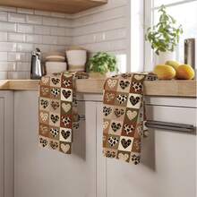 MEMNUN 2pcs Khaki Patchwork Leopard Print & Heart Illustration Pattern Kitchen Towels, 15.75*23.62in(40*60cm), Made Of Super Soft Absorbent Microfiber, Perfect For Dish Drying, Tea Cups, Bathroom & Dining Decor, Cooking & Baking