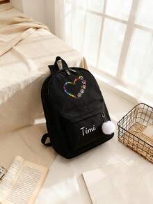 Customized Heart-Shaped Backpack, Sports Bag, Dance Bag With Personalized Name Or Holiday Greetings. Suitable For Daily School Commute, Nylon Zipper Closure, Can Customize Name, Letter, Lucky Number, Ideal For School, Dance Class And Travel. Can Be Used As Birthday Gift, Commemorative Bag, Christmas Gift, New Year Gift. Zipper Direction Random. - Black - View 5