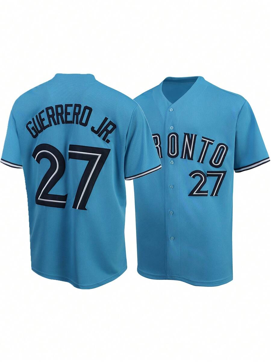 Atonmore 男士经典棒球夹克，蓝色，27码，纽扣刺绣运动服