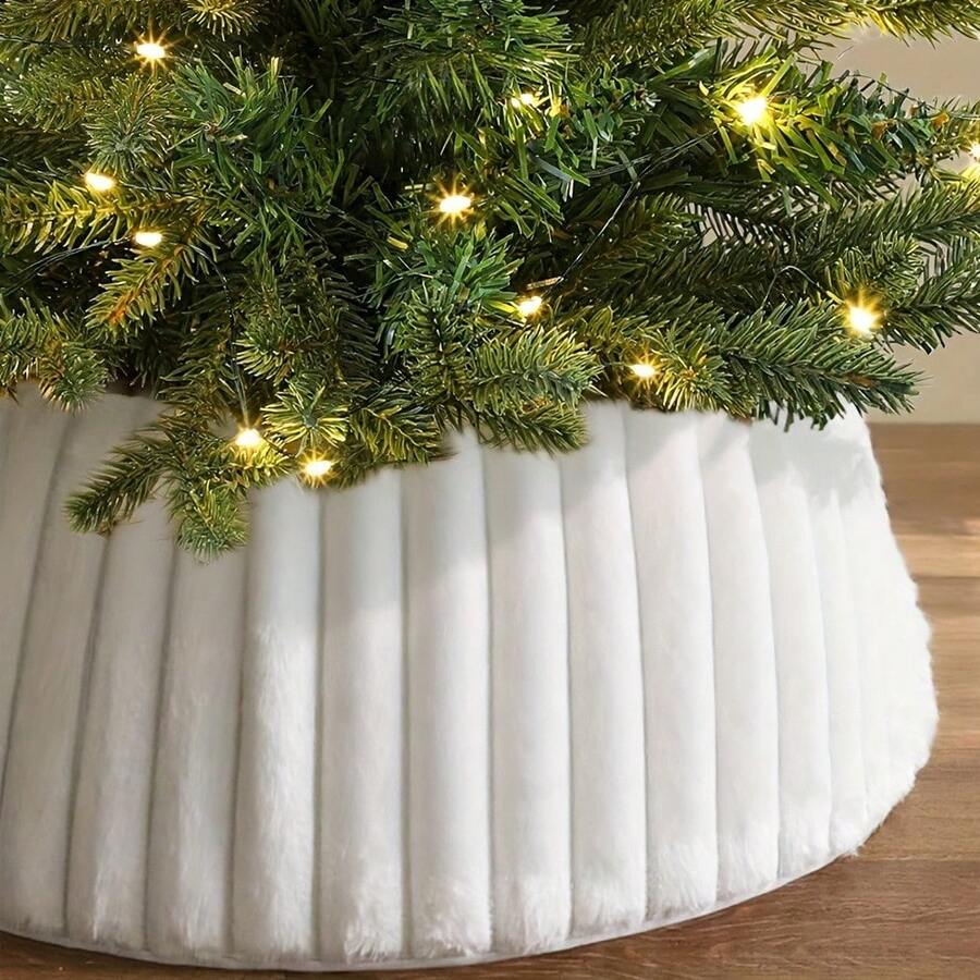 Collar para árbol de Navidad, suave y esponjoso, de felpa de lujo color blanco rústico con textura de rayas, estilo bohemio, ideal para decorar el hogar.