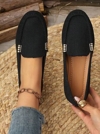 New Classic Slip-On Loafers, Breathable Fabric, Metal Buckle, Handmade, Comfortable, Versatile, Suitable For Daily Commute, Outdoor, Vacation, Casual Wear, Black, Plus Size Women