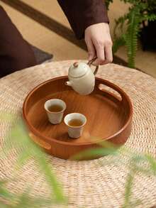 1 Peça Bandeja de Servir Redonda de Madeira de Nogueira com Alça, Para Segurar Alimentos, Lanches, Bebidas, Sushi, Bife, Pizza, Sobremesas, Bolos, Pães, Bandejas de Café da Manhã, Bandejas de Jantar, Bandejas de Café, Bandejas de Chá, Tábuas de Frios, Adequado para Festa da Primavera, Dia dos Namorados - bordô - Visão 5