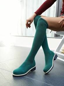 Chunky Heel Tall Retro Over-The-Knee Boots For Women, Fashion Round Toe Chunky Mid-Heel Boots