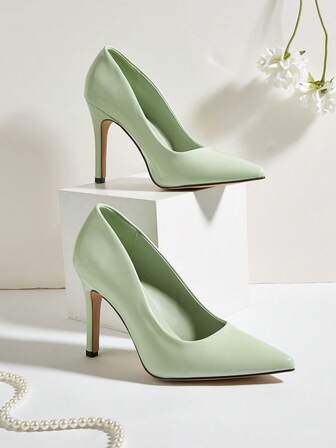 Zapatos de tacón alto de punta elegante de mujer de cuero de poliuretano verde menta, adecuados para uso diario, fiesta, tacones altos cómodos para damas