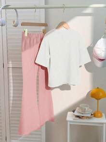 2件套少女樱桃豹纹套装，柔软短袖喇叭裤两件套休闲夏季服装 - 白色 - 查看 3