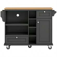 Esszimmerwagen (129 X 46 X 92 Cm), Modern And Einfacher Schwarzer, Beweglicher Küchen-Esswagen Mit Schubladen Und Lagerschränken, Hellbraune Holzarbeitsplatte (Previous Sku:N620P19312829S) - Black2 - View 6