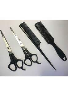 4pcs Professional Hairstyling Tool Set, Durable Plastic Material, Includes: Hair Cutting Scissors, Thinning Scissors, Curling Scissors, Comb, Curling Products