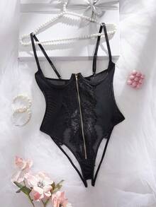 极致性感内衣套装，采用花卉蕾丝、薄纱、交叉绑带和拉链裆部设计 - 黑色 - 查看 5
