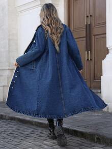 Mobula Sound Fashionable Casual Thermal-Lined Long Denim Jacket For Women, Suitable For Autumn/Winter - Fermented Dark Blue - View 7