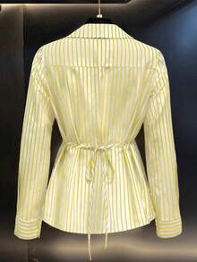 Women's Spring/Autumn New V-Neck Tie-Waist Casual Long Sleeve Blouse - Lemon Yellow - View 2