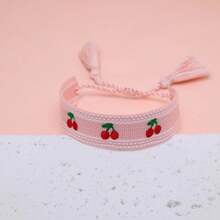 1pc Handmade Woven Cherry Fruit Vintage Boho Casual Vacation Style Bracelet, Holiday Gift, Party, Travel, Friendship Rope - Baby Pink - View 4