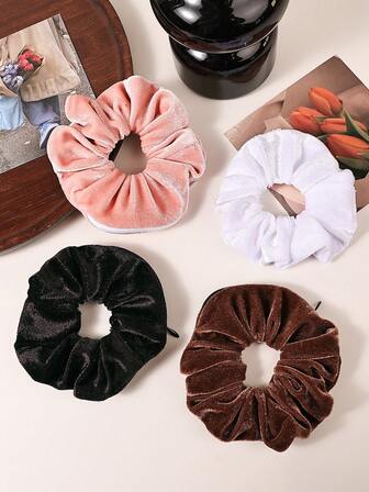 1pc Elegant Velvet Oversized Scrunchie - Vintage Style Solid Color Scrunchie With Invisible Zipper, Coffee, Black, Pink - Single Piece, Valentine's Day Gift, Women Hair Accessory ,Hair Ties ,Scrunchy Hair Ties