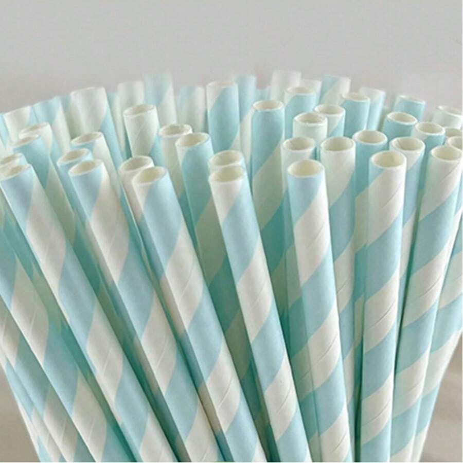 100pcs Light Blue Striped Paper Straws - Disposable Non-Wet Paper Straws, Suitable For Daily Use, Birthday Parties, Weddings, Anniversaries, Back To School, Valentine's Day - Light Blue - View 1