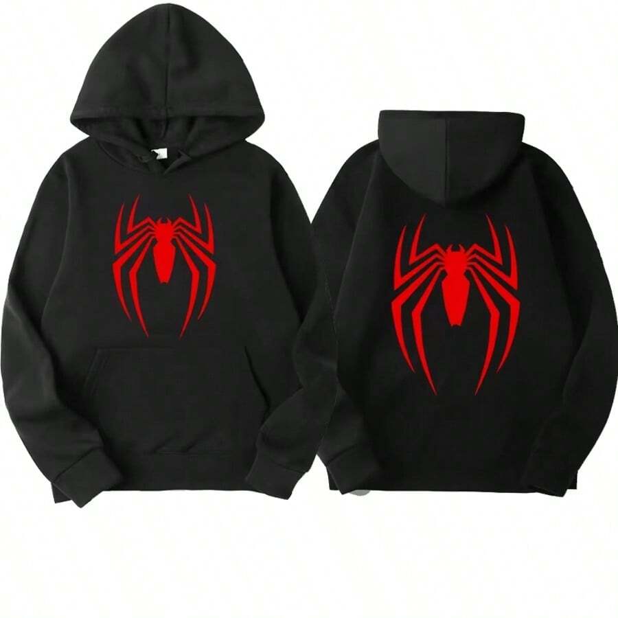 New Men's Hoodie Street Fashion Spider Print Sweatshirt Fleece Ladies Casual Funny Loose Hoodie SpidermanS Men's Clothing - 黑色 - 查看 1