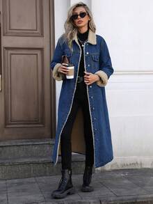 Mobula Sound Fashionable Casual Thermal-Lined Long Denim Jacket For Women, Suitable For Autumn/Winter - Fermented Dark Blue - View 5