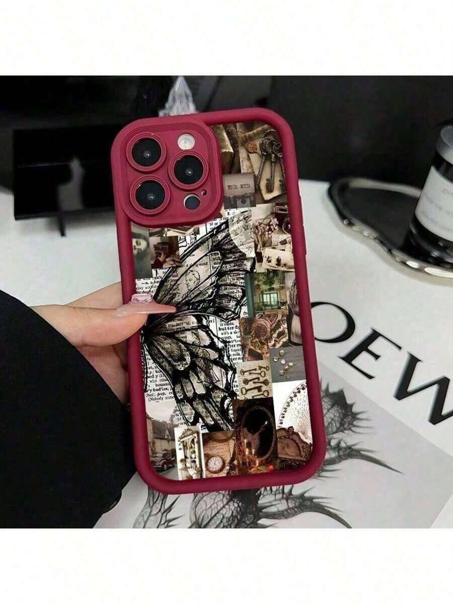 Funda de teléfono de mariposa retro para iPhone 17 16 15 14 Pro Max 13 12 11 XS Plus, resistente a golpes, protección resistente, funda de silicona resistente - Burdeos - Ver 1