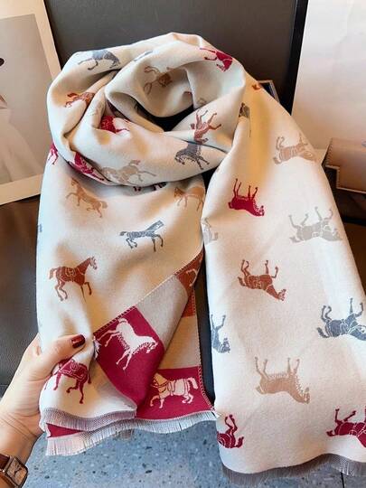 厚款双面英伦风马匹图案长围巾/披肩，女士秋冬款