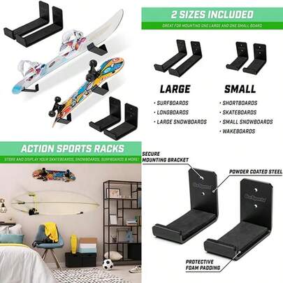 Universal Snowboard & Skateboard Wall Mount Display Racks - 2 Pack Foam Padded Hangers((1)Large Set, (1)Small Set)