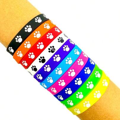 10条/套 彩色爪印硅胶腕带，可爱动物爪印设计橡胶手环，适合节日、运动、庆典、送礼