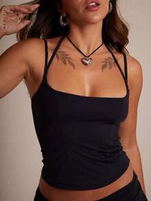 Cropped Corset Tank Top With Double Straps - màu đen - Xem 2