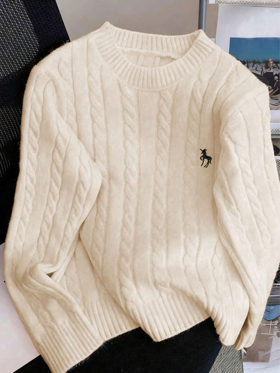 Autumn/Winter Casual Embroidered Crew Neck Cable Knit Sweater For Women, New Loose Cardigan Knitwear - Apricot - View 1