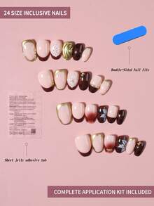 24片短椭圆形3D豹纹法式美甲贴纸，饰有3D花朵、金色珍珠和渐变设计，完美适配亚克力美甲套装，包含1瓶果冻胶和1把指甲锉，适合女孩日常或派对使用。 - 彩色 - 查看 5