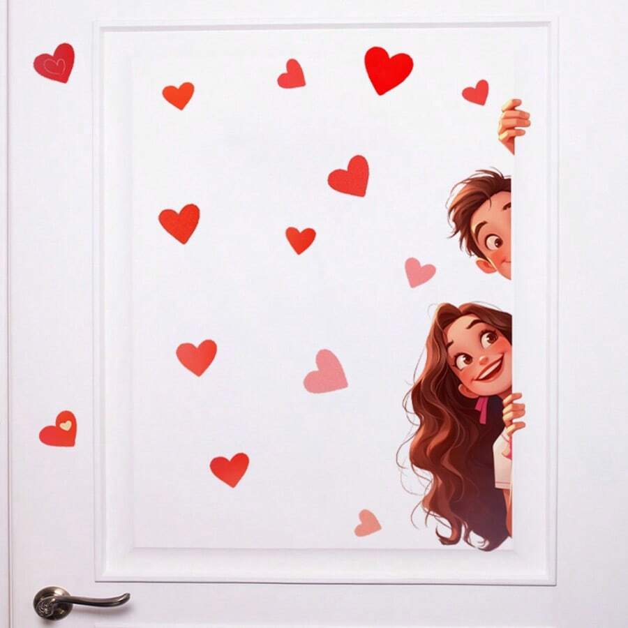Classic Couple Heart Pattern Wall Decal - Removable Self-Adhesive PVC Sticker For Bedroom, Study Door, And More - Durable Plastic Decor With Irregular Shape, Study Room Decoration | Romantic Decor | Easy Installation, Love Decor - Multicolor - View 1