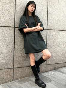 Ambience Letter Print Long T-Shirt, Suitable For Everyday Wear