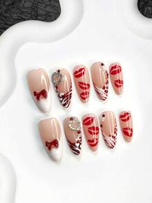 10pcs Valentine's Day Nail Art Set, Includes Lip Shaped Nail Stickers, French Manicure Stickers, Hand-Painted Wave Nail Stickers, Shiny Hearts, Bow Nail Decorations, White Nail Polish, Red Gel Nail Polish, 3 Sizes Available: Almond, Duck Mouth, Coffin Shape, Comes With Nail Tools, Suitable For Parties, Valentine's Day, Casual Wear, Great Gift Nails - 彩色 - 查看 10