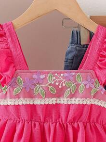 Conjunto Confortável de Top Camisole e Calça Flare Denim com Decoração de Laço, Tecido com Textura de Acabamento Floral Vintage - Pink - Visão 4