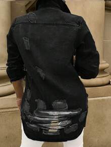 Women's Casual Mid-Length Distressed Washed Denim Jacket, Autumn - Black - View 2