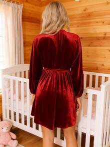 孕妇宽松A字连衣裙，V领褶裥，灯笼袖，纯色 - 紅色 - 查看 3