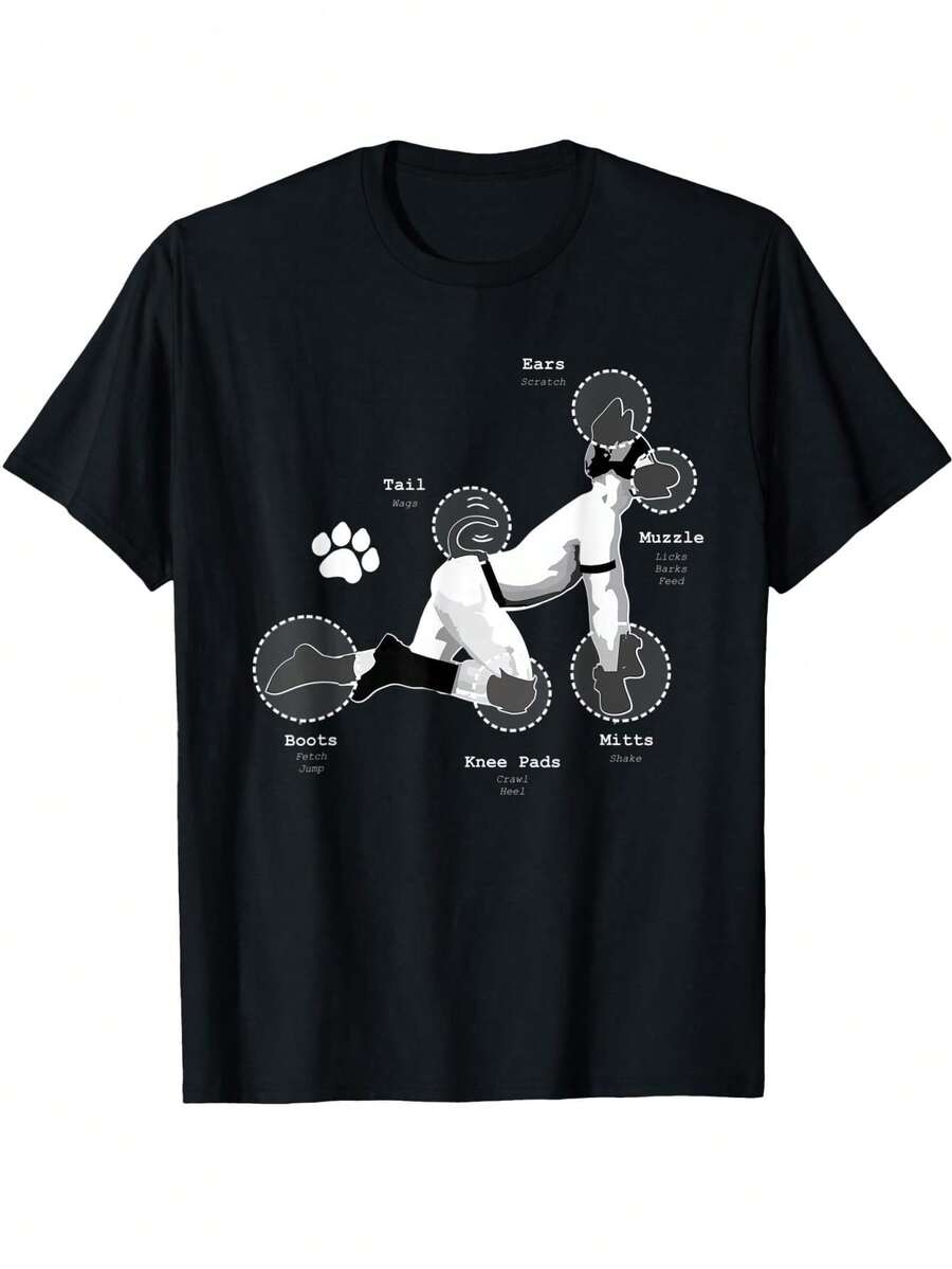 Unisex Sportswear T-Shirt | Men'S Funny Gay Pride Puppy Diagram T-Shirt - LGBTQ+ Graphic Tee With Kink Knowledge Chart, Soft Everyday Shirt For Pride Parties & Casual Outfits - Novelty Gay Community Apparel, Humorous Clothing, Playful Design, Durable Print, Short Sleeve Top, Lgbtq+ Community - 黑色 - 查看 1