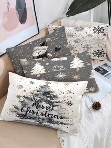 4件套圣诞快乐抱枕套，圣诞装饰靠垫套，雪人和圣诞树图案，圣诞礼物，可机洗干洗，隐形拉链，适合房间装饰、沙发装饰，不含枕芯 - 灰色 - 查看 3