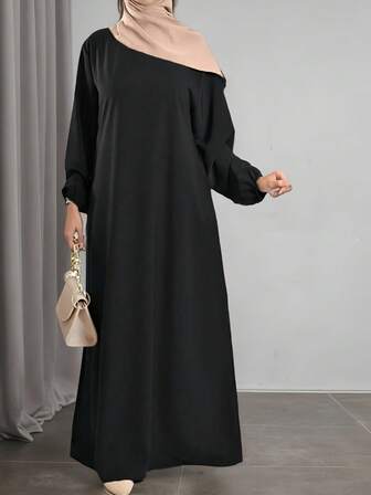 Elegant Arabic Style Woven Dress, Bishop Sleeves, Round Neck, Asymmetric Design Details